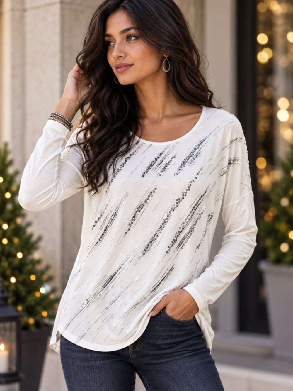 White Silver Sequin Top Women's S Winter White Abstract Long Sleeve Holiday Glam